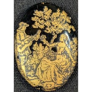 Vintage Black Gold Courting Scene‎ Flat Oval Cabochon 1.5" Rococo Jewelry Piece